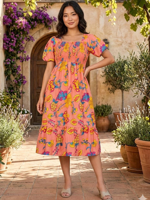 SHAIBO SAREE Floral Print Puff Sleeve Crepe A-Line Midi Dress