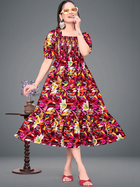 SHAIBO SAREE Floral Print Puff Sleeve Crepe A-Line Midi Dress
