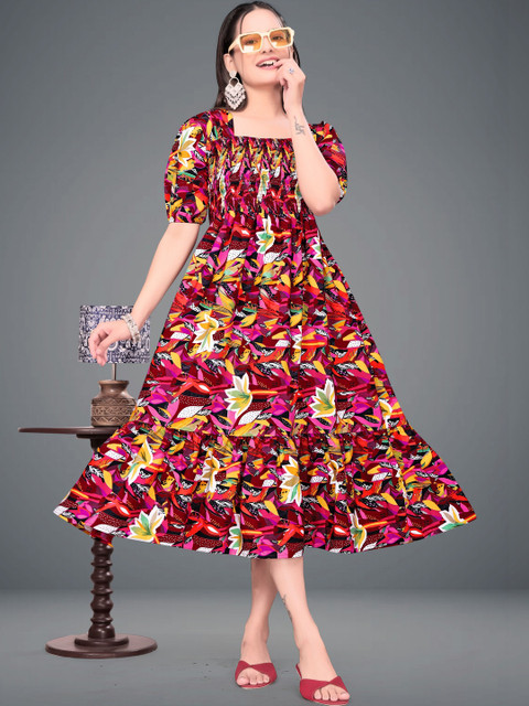 PRIYANSH CREATION Floral Print Puff Sleeve Crepe A-Line Midi Dress