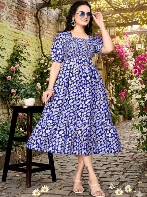 PRIYANSH CREATION Floral Print Puff Sleeve Crepe A-Line Midi Dress