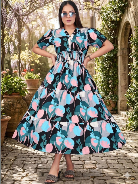 MENFLUENT Floral Print Crepe A-Line Midi Dress