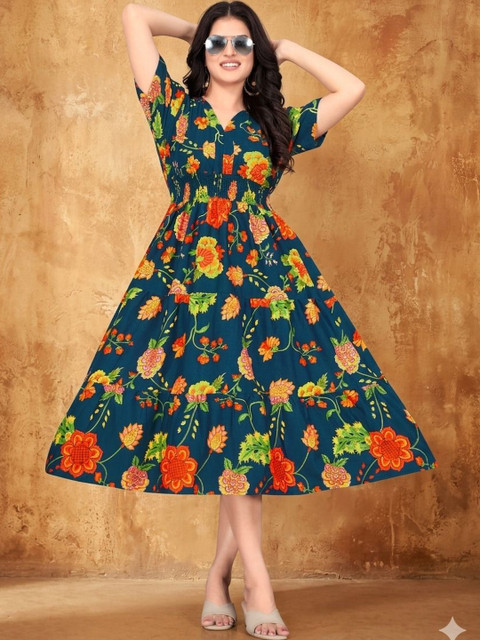 PRIYANSH CREATION Floral Print Puff Sleeve Crepe A-Line Midi Dress