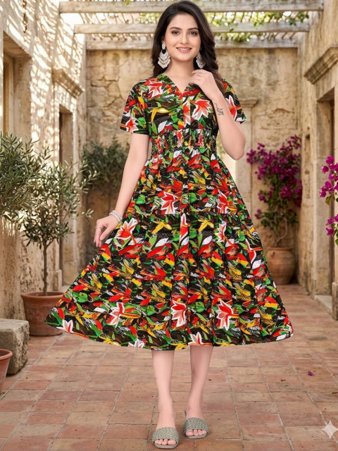 SHAIBO SAREE Floral Print Crepe A-Line Dress