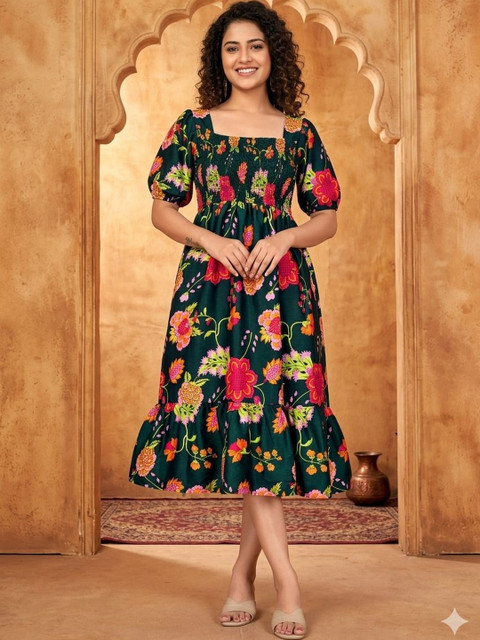 MENFLUENT Floral Print Puff Sleeve Crepe A-Line Midi Dress
