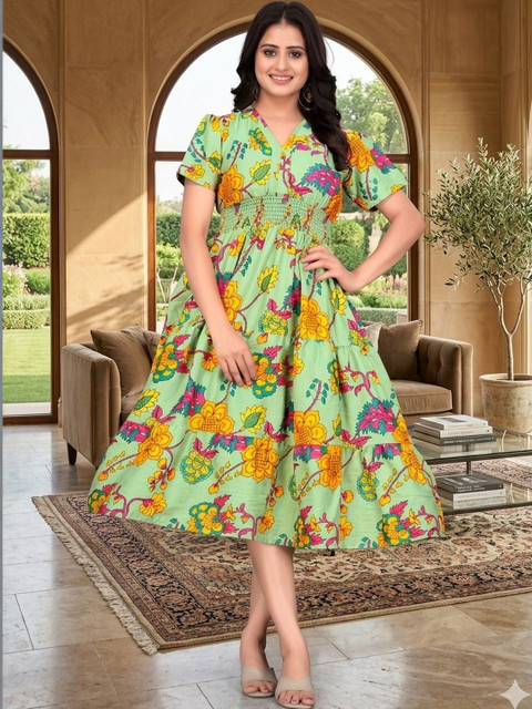 MENFLUENT Floral Print Crepe A-Line Midi Dress
