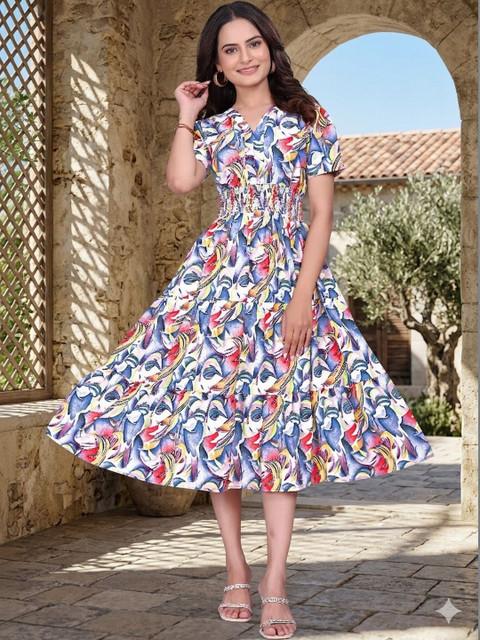 PRIYANSH CREATION Print Crepe A-Line Midi Dress
