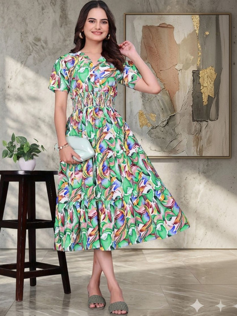 MENFLUENT Print Crepe A-Line Midi Dress