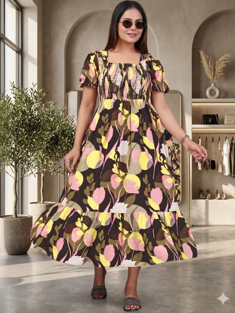 MENFLUENT Floral Print Puff Sleeve Crepe A-Line Midi Dress