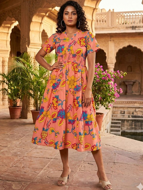 MENFLUENT Floral Print Crepe A-Line Dress