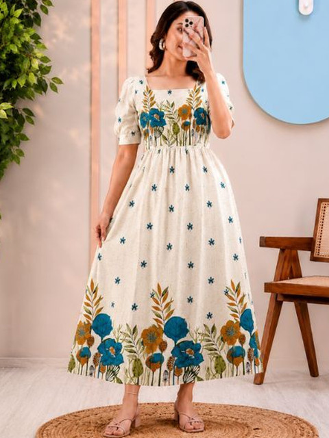 HOOk i Floral Print Puff Sleeve A-Line Maxi Dress