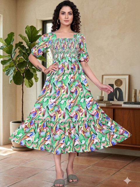SHAIBO SAREE Print Puff Sleeve Crepe A-Line Midi Dress