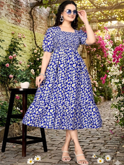 SHAIBO SAREE Floral Print Puff Sleeve Crepe A-Line Midi Dress