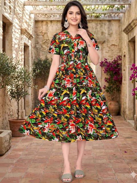 SHAIBO SAREE Print Crepe A-Line Dress