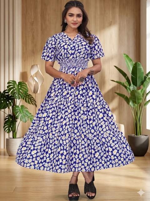 SHAIBO SAREE Floral Print Crepe A-Line Midi Dress