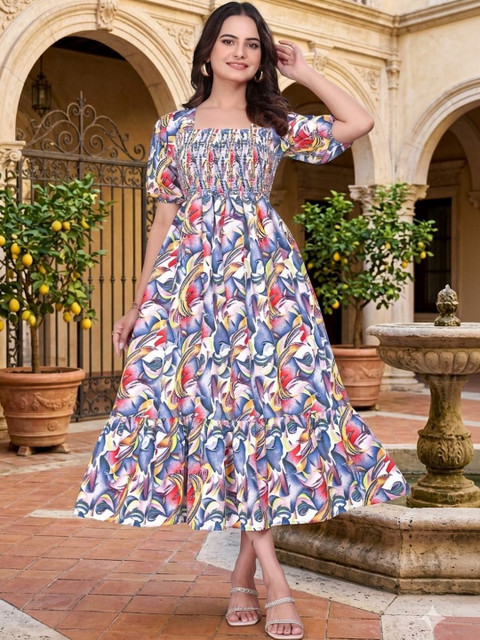 PRIYANSH CREATION Print Puff Sleeve Crepe A-Line Midi Dress