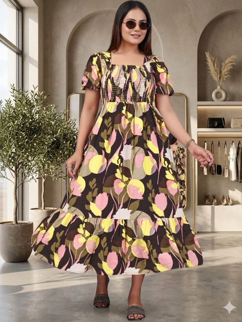 PRIYANSH CREATION Floral Print Puff Sleeve Crepe A-Line Midi Dress