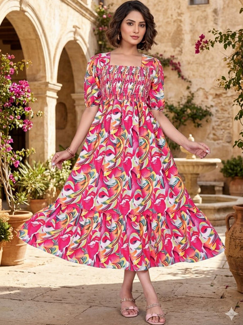 SHAIBO SAREE Print Puff Sleeve Crepe A-Line Midi Dress