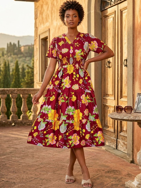 SHAIBO SAREE Floral Print Crepe A-Line Midi Dress