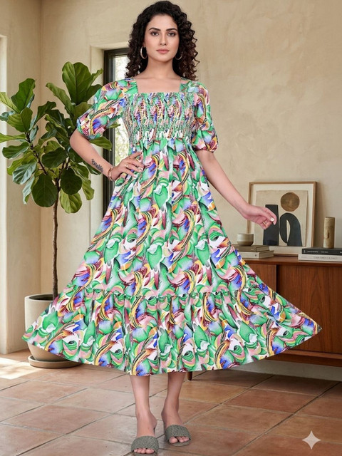 MENFLUENT Print Puff Sleeve Crepe A-Line Midi Dress