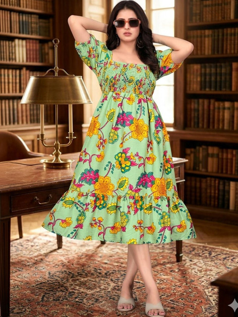 MENFLUENT Floral Print Puff Sleeve Crepe Fit & Flare Midi Dress