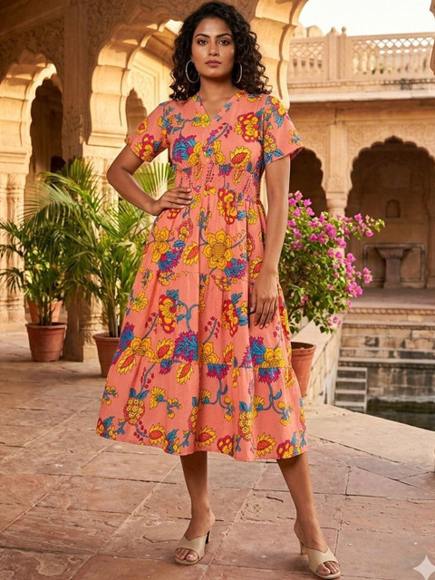 MENFLUENT Floral Print Crepe A-Line Midi Dress