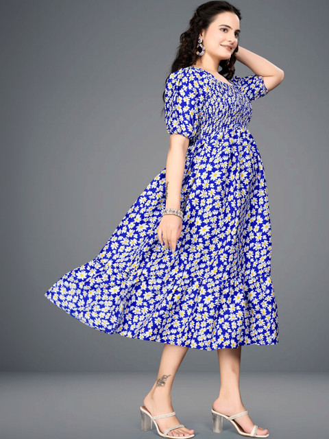 SHAIBO SAREE Floral Print Puff Sleeve Crepe A-Line Midi Dress - Image 3