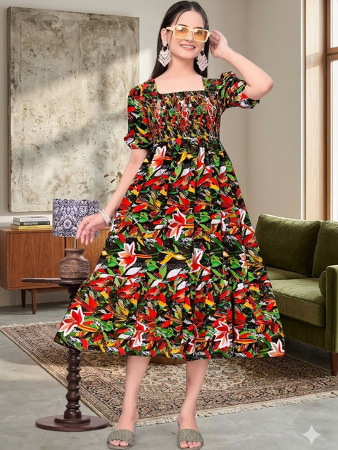 MENFLUENT Floral Print Puff Sleeve Crepe A-Line Midi Dress