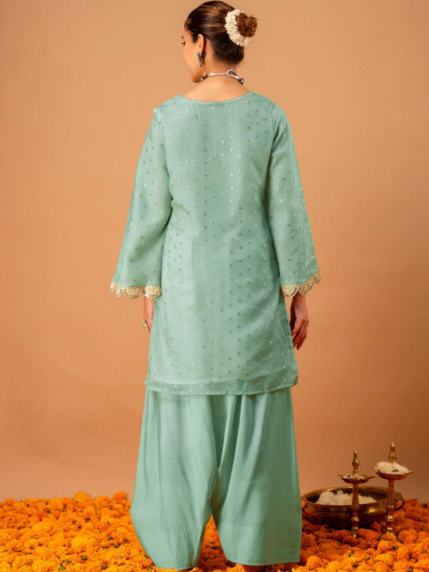 Skylee Woven Design Mint Green Poly Georgette Straight Kurta With Farshi Salwar Set - Image 3