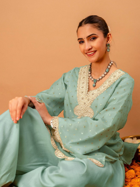 Skylee Woven Design Mint Green Poly Georgette Straight Kurta With Farshi Salwar Set - Image 2