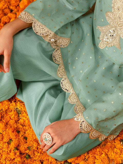 Skylee Woven Design Mint Green Poly Georgette Straight Kurta With Farshi Salwar Set - Image 4