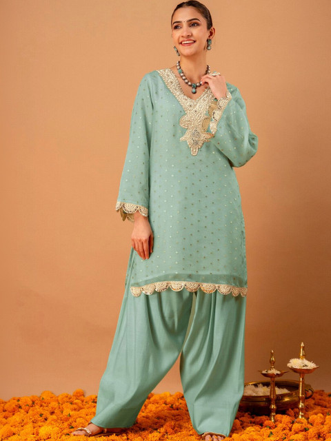 Skylee Woven Design Mint Green Poly Georgette Straight Kurta With Farshi Salwar Set - Image 7
