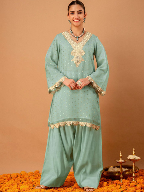 Skylee Woven Design Mint Green Poly Georgette Straight Kurta With Farshi Salwar Set