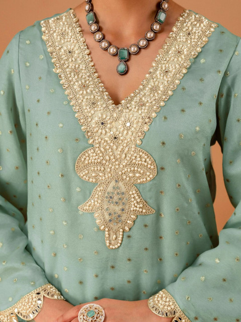 Skylee Woven Design Mint Green Poly Georgette Straight Kurta With Farshi Salwar Set - Image 5