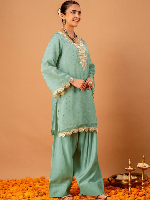 Skylee Woven Design Mint Green Poly Georgette Straight Kurta With Farshi Salwar Set - Image 6