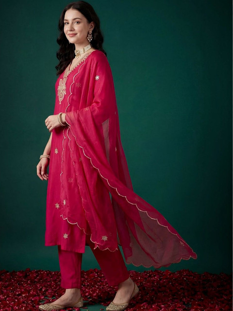 Indo Era Women Ethnic Motifs Embroidered Regular Thread Work Kurta with Trousers & With Dupatta