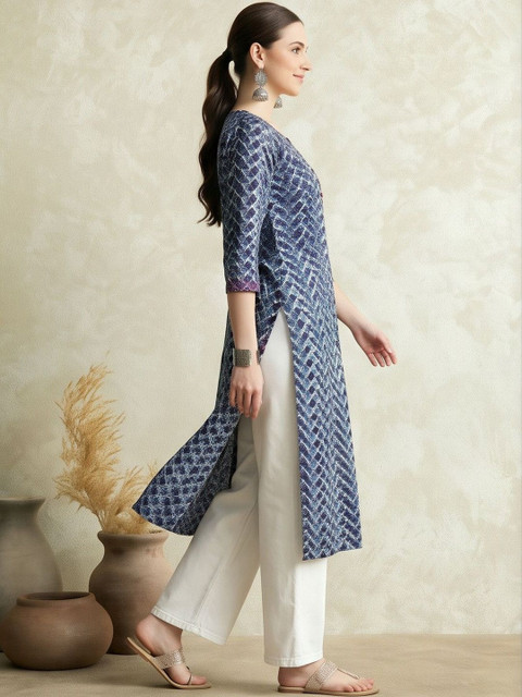 Jaipur Kurti Women Geometric Printed Indigo Kurta - Image 4