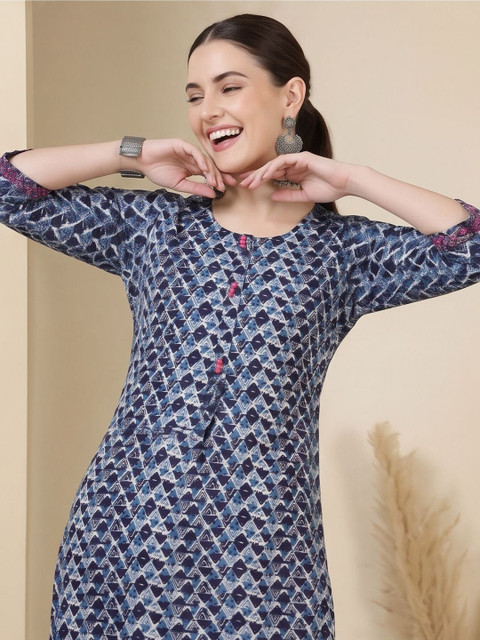 Jaipur Kurti Women Geometric Printed Indigo Kurta - Image 2