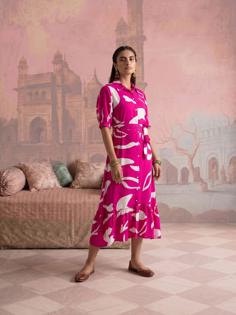 NAVYAAZRI Print Puff Sleeve Shirt Midi Dress