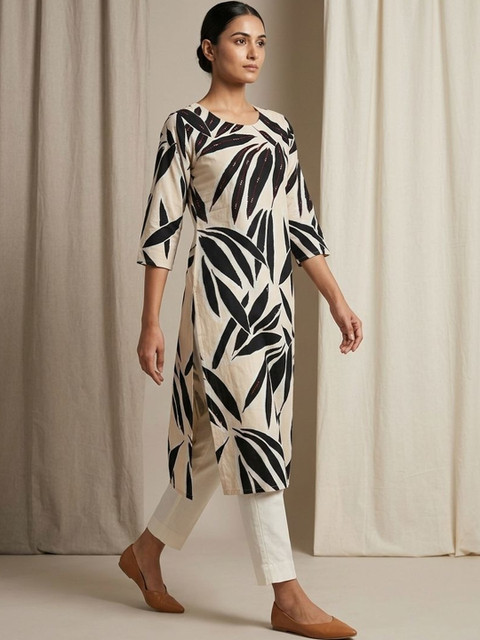 gokurtis Floral Printed Boat Neck Pure Cotton Kurta