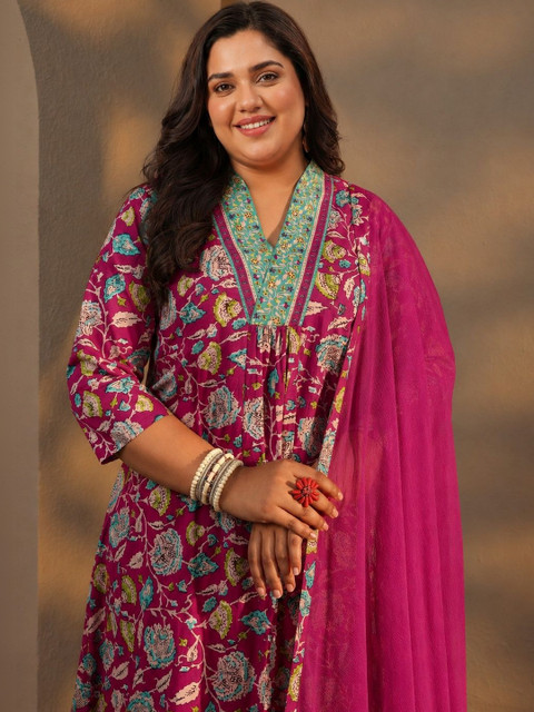 EXTRA LOVE BY LIBAS Plus Size Pink Floral Printed Cotton A-Line Suit Set - Image 5