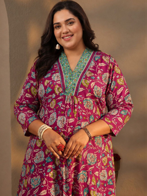 EXTRA LOVE BY LIBAS Plus Size Pink Floral Printed Cotton A-Line Suit Set - Image 3