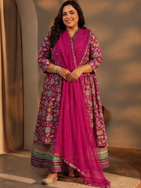 EXTRA LOVE BY LIBAS Plus Size Pink Floral Printed Cotton A-Line Suit Set