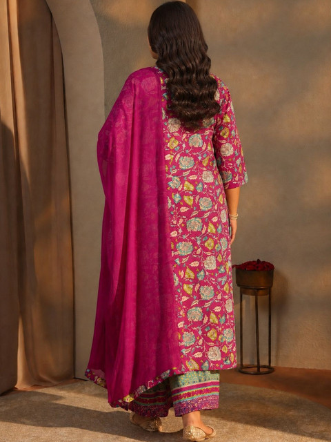 EXTRA LOVE BY LIBAS Plus Size Pink Floral Printed Cotton A-Line Suit Set - Image 2