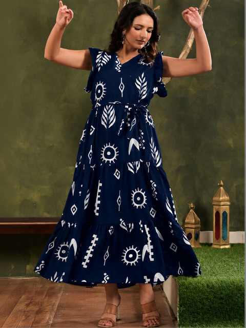 Chaukas Print Flutter Sleeve A-Line Maxi Dress