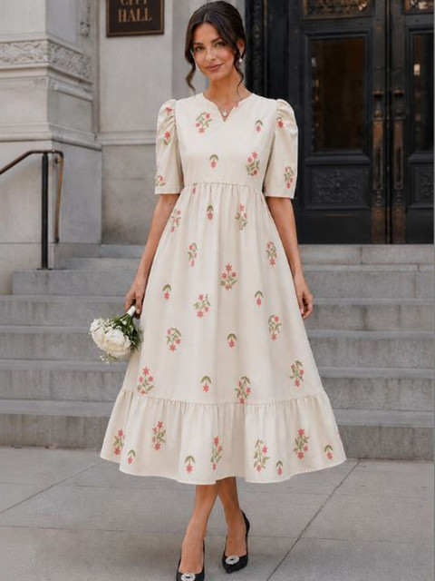 Moda Rapido Floral Print Puff Sleeve A-Line Midi Dress