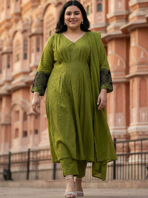 Readiprint Women Ethnic Motifs Embroidered Empire Thread Work Pure Cotton Kurta with Trousers & With Dupatta