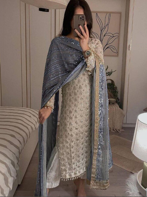 RURI ENTERPRISE Embroidered Silk Georgette Semi-Stitched Dress Material