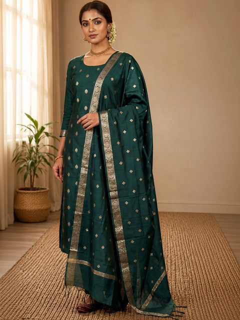Naveera Ethnic Motifs Woven Design Zari Cotton Silk Unstitched Dress Material - Image 2