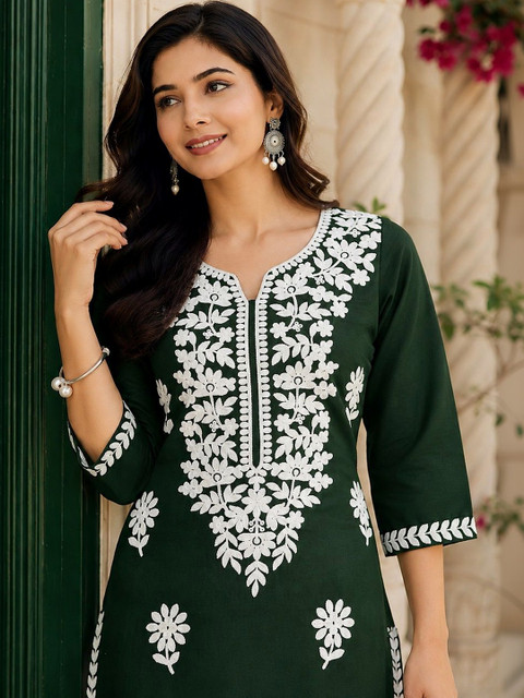 LUSIVA Embellished Embroidered Thread Work Round Neck Regular Sleeves Kurta - Image 7