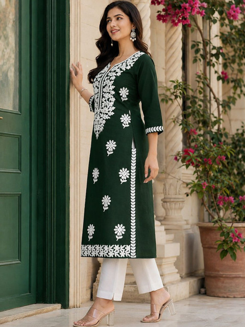 LUSIVA Embellished Embroidered Thread Work Round Neck Regular Sleeves Kurta - Image 3